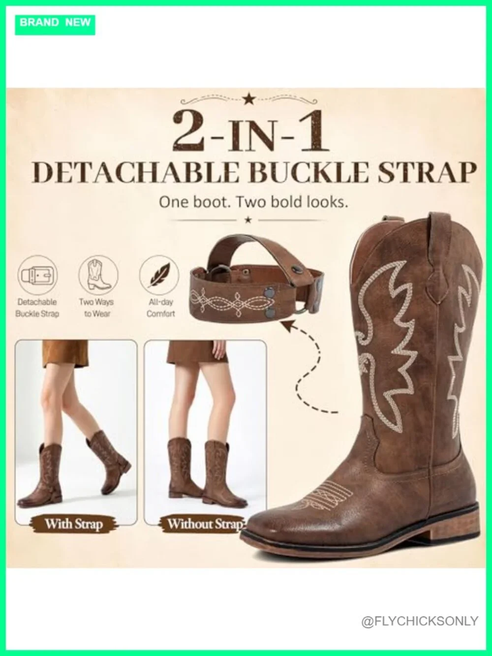 Square Toe Mid Calf Western Cowgirl Boots with Removable Buckle Strap